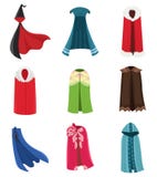 Cloaks party clothing and capes costume set. Outdoor fabric, over garment Vector flat style cartoon illustration stock illustration Cloaks party clothing and capes costume set. Outdoor fabric, over garment Vector flat style cartoon illustration stock illustration