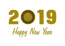 2019 with a clock and Happy New Year. 2019 in golden numbers with a clock instead of 0 and Happy New Year lettering below on white background in a landscape stock illustration 2019 with a clock and Happy New Year. 2019 in golden numbers with a clock instead of 0 and Happy New Year lettering below on white background in a landscape stock illustration