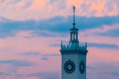 Clock tower of Sochi railway station at sunset stock photography Clock tower of Sochi railway station at sunset stock photography