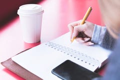 Close-up from behind the back of a young woman in a winter polto is holding a ballpoint pen and is going to write royalty free stock photos Close-up from behind the back of a young woman in a winter polto is holding a ballpoint pen and is going to write royalty free stock photos