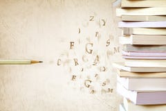 Close up book stacked with the pencil and alphabet letter flyin royalty free stock photography Close up book stacked with the pencil and alphabet letter flyin royalty free stock photography