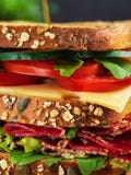 Close-up do sanduíche delicioso com salame, queijo e os legumes frescos imagens de stock Close-up do sanduíche delicioso com salame, queijo e os legumes frescos imagens de stock