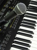 Close-up of a dynamic vocal microphone and a digital keyboard. royalty free stock photography Close-up of a dynamic vocal microphone and a digital keyboard. royalty free stock photography