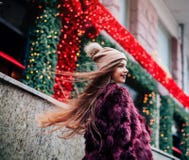 Close up fashion street stile portrait of pretty girl in fall casual outfit Beautiful brunette posing outdoor Dynamically young gi Stock Images Close up fashion street stile portrait of pretty girl in fall casual outfit Beautiful brunette posing outdoor Dynamically young gi Stock Images