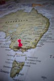 Close up of Melbourne pin pointed on the world map with a pink pushpin royalty free stock photo Close up of Melbourne pin pointed on the world map with a pink pushpin royalty free stock photo