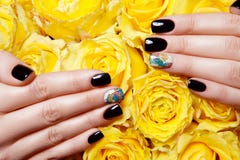 Close Up Of Female Hands Wearing Bright Polish On Nails And Holding Yellow Roses Stock Photography
