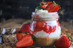 Close-up Of Homemade Strawberry Cheesecake In A Jar Royalty Free Stock Images