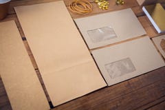 Close up of office supplies with cardboard. On table Royalty Free Stock Photo Close up of office supplies with cardboard. On table Royalty Free Stock Photo
