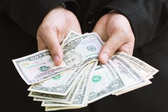 Close Up People Hand Hold Count The Money Spread Of Cash On The Table. Royalty Free Stock Photography