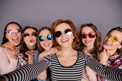 Close up photo beautiful she her six ladies skinny roommates go abroad holidays make take selfies colored specs wearing royalty free stock photography Close up photo beautiful she her six ladies skinny roommates go abroad holidays make take selfies colored specs wearing royalty free stock photography