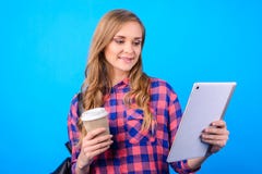 Close up portrait of attractive confident cheerful excited smart clever glad businesswoman freelancer enjoying tea shop watching v royalty free stock photos Close up portrait of attractive confident cheerful excited smart clever glad businesswoman freelancer enjoying tea shop watching v royalty free stock photos
