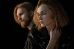 Close up portrait of hipster couple in black leather jackets stock photos Close up portrait of hipster couple in black leather jackets stock photos