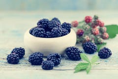 Close up of ripe blackberries over rustic turquoise wooden table royalty free stock image Close up of ripe blackberries over rustic turquoise wooden table royalty free stock image