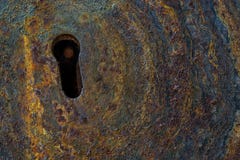 Close up of rusted corroded metal door with a keyhole