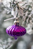 Close up shot of a christmas tree with beautiful decoration. Colorful balls decoration hanging on a christmas tree. with snow royalty free stock photos Close up shot of a christmas tree with beautiful decoration. Colorful balls decoration hanging on a christmas tree. with snow royalty free stock photos