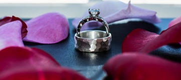 Diamond Wedding Rings surrounded by red rose petals royalty free stock image Diamond Wedding Rings surrounded by red rose petals royalty free stock image