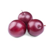 Close-up of three red plums, isolated on a white background. Sweet and fresh plum. Some ripe plums. Passion fruit. Three summer be. Three fresh and purple plum stock images Close-up of three red plums, isolated on a white background. Sweet and fresh plum. Some ripe plums. Passion fruit. Three summer be. Three fresh and purple plum stock images