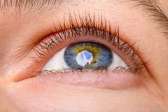 Close-up van vrouwenoog die wordt geschoten - omhoog eruit zien die Menselijk blauw oog met bezinning stock afbeelding Close-up van vrouwenoog die wordt geschoten - omhoog eruit zien die Menselijk blauw oog met bezinning stock afbeelding