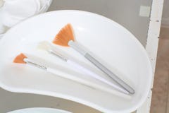 Close-up view of the cosmetic brushes for peeling and facial cleansing royalty free stock images Close-up view of the cosmetic brushes for peeling and facial cleansing royalty free stock images