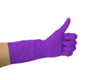 Close up view of human hand with rubber glove showing ok or approve sign with thumb up, isolated on white background stock photography Close up view of human hand with rubber glove showing ok or approve sign with thumb up, isolated on white background stock photography