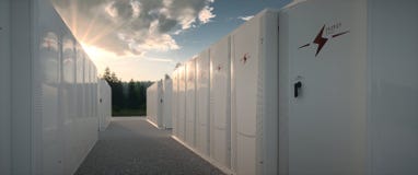 Close up view of renewable energy battery storage facility.
