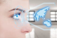 Close-up of young female eye with digital hologram Stock Photo Close-up of young female eye with digital hologram Stock Photo