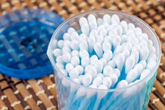 Closeup macro on ear cleaning sticks in the box. Ear hygene with ear sticks. Medical and healthcare concept image royalty free stock photos Closeup macro on ear cleaning sticks in the box. Ear hygene with ear sticks. Medical and healthcare concept image royalty free stock photos
