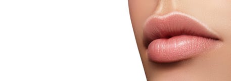 Closeup perfect natural lip makeup. Beautiful plump full lips on female face. Spa tender lips. Blank Space