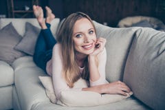 Closeup Photo Portrait Of Attractive Rejoicing In Casual Clothes She Her Lady Domestic Housewife Dying Down On Soft Grey Royalty Free Stock Photos Closeup Photo Portrait Of Attractive Rejoicing In Casual Clothes She Her Lady Domestic Housewife Dying Down On Soft Grey Royalty Free Stock Photos