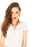 Closeup portrait of a beautiful young brunette woman in white t royalty free stock image Closeup portrait of a beautiful young brunette woman in white t royalty free stock image