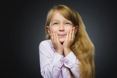 Closeup Portrait happy girl going surprise isolated on gray background royalty free stock photography Closeup Portrait happy girl going surprise isolated on gray background royalty free stock photography
