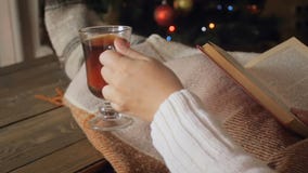 Closeup slow motion footage of woman reading book and drinking tea on sofa nex to glowing Christmas tree. Closeup slow motion video of woman reading book and Closeup slow motion footage of woman reading book and drinking tea on sofa nex to glowing Christmas tree. Closeup slow motion video of woman reading book and