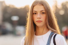 Closup portrait attractive pretty girl with briefcase walk on st stock image Closup portrait attractive pretty girl with briefcase walk on st stock image