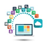 Cloud computing. Desktop computer with web icons vector illustration. stock illustration Cloud computing. Desktop computer with web icons vector illustration. stock illustration