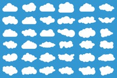 Cloud icons on blue background. 36 different clouds. Cloudscape. clouds. Vector Cloud icons on blue background. 36 different clouds. Cloudscape. clouds. Vector