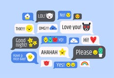 Cloud of messages with cute emoji. Speech bubbles with text and smileys. Ideograms or funny symbols to express different Royalty Free Stock Photos Cloud of messages with cute emoji. Speech bubbles with text and smileys. Ideograms or funny symbols to express different Royalty Free Stock Photos