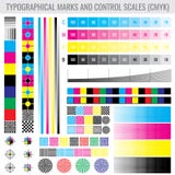 CMYK press print marks and colour tone gradient bars for printer test vector set