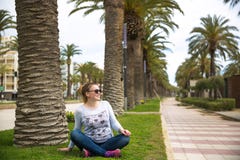 Pretty woman relax on coastline Costa Dorada, Salou, Spain. Beautiful sea and palms royalty free stock image Pretty woman relax on coastline Costa Dorada, Salou, Spain. Beautiful sea and palms royalty free stock image