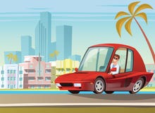 Coche deportivo rojo en la impulsión del océano en Miami stock de ilustración Coche deportivo rojo en la impulsión del océano en Miami stock de ilustración