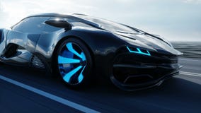 Coche eléctrico futurista negro en la carretera en desierto Conducción muy rápida Concepto de futuro Animación realista 4K stock de ilustración Coche eléctrico futurista negro en la carretera en desierto Conducción muy rápida Concepto de futuro Animación realista 4K stock de ilustración