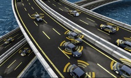 Coches autónomos en un camino con la conexión visible stock de ilustración Coches autónomos en un camino con la conexión visible stock de ilustración