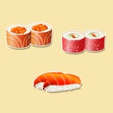 Cocina japonesa, sushi con los pescados, huevas stock de ilustración Cocina japonesa, sushi con los pescados, huevas stock de ilustración