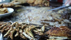 Cocine freír pescados frescos en una cacerola grande en la parada en Estambul Turquía Cocine freír pescados frescos en una cacerola grande en la parada en Estambul Turquía
