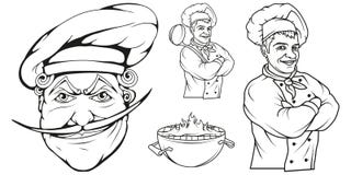 Cocinero que se coloca en una diversa actitud, jefe del restaurante, cocinero del cocinero de la historieta en el uniforme, logot ilustración del vector Cocinero que se coloca en una diversa actitud, jefe del restaurante, cocinero del cocinero de la historieta en el uniforme, logot ilustración del vector