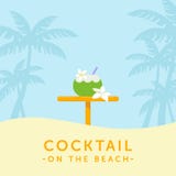 Coctail i kokosnöt och stångtabell på en gömma i handflatankonturbackgroun vektor illustrationer Coctail i kokosnöt och stångtabell på en gömma i handflatankonturbackgroun vektor illustrationer