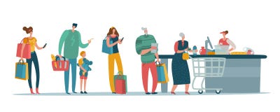 Coda Del Negozio Clienti Della Gente Che Stanno In Lunga Fila Che Aspetta Alla Scatola Dei Contanti Del Supermercato Con Il Cassi Illustrazione Vettoriale - Illustrazione di lungo, mercato: 140285285