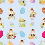 Coelhinhos da Páscoa nas camisas, as vestes e os chapéus, as galinhas, os ovos, os ponteiros e a grama Teste padrão sem emenda ilustração do vetor Coelhinhos da Páscoa nas camisas, as vestes e os chapéus, as galinhas, os ovos, os ponteiros e a grama Teste padrão sem emenda ilustração do vetor