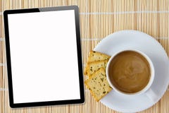 Coffee And Tablet. White Porcelain Cup Royalty Free Stock Photos