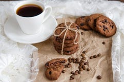 Coffee cookies with chocolate and a cup of black coffee royalty free stock image Coffee cookies with chocolate and a cup of black coffee royalty free stock image