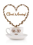 Coffee mug with coffee beans shaped heart with good morning sign royalty free stock images Coffee mug with coffee beans shaped heart with good morning sign royalty free stock images